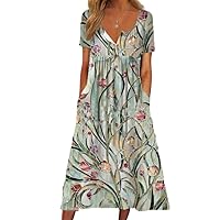 Women's Short Sleeve Boho Floral Print Maxi Dress Summer V Neck Casual Loose Dress with Pockets