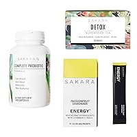 SAKARA Probiotic, Energy Effervescents, & Detox Tea Bundle - Pre and Probiotics for Women, Refined Sugar Free Electrolytes Powder, & Herbal Tea