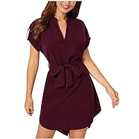 Women's Summer Solid Short Sleeve V Neck T Shirt Dress Casual Tie Waist Office Dresses Wrap Party Club Mini Dress