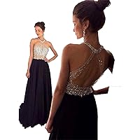 Changjie Women's Halter Backless Beading Black Formal Evening Party Prom Dresses