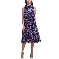 HARPER ROSE Womens Navy Zippered Belted Mock Roll-Neck Chiffon Floral Sleeveless Midi Wear to Work Fit + Flare Dress 14