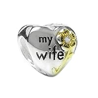 Queenberry Sterling Silver 'Love My Wife' Cubic Zirconia Flower Family Heart Bead for European Charm Bracelets