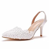 Wedding Bride Shoes,Women's Lace Slingback Sandals Stiletto Heel Pointed Toe Pumps Shoes 7Cm Bridal Prom Party Dress Shoes