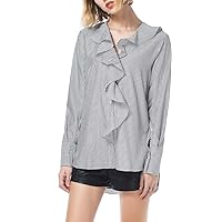 Womens Stripe Print Long Sleeve Button Down Shirts Blouses with Overlay Ruffles