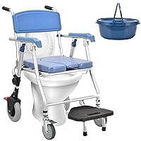 4-in-1 Bedside Commode Shower Wheelchair, Folding Shower Commode Chair for Toilet with Arms, Padded Rolling Shower Chair with Locking Wheels, Mobile Toilet Chair with Bucket for Seniors