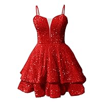 Red Sequin Prom Dresses 2022 Spaghetti Straps Sparkly Sexy Backless Tight Short Homecoming Cocktail Dresses for Teens