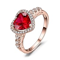 JewelryPalace Heart Of Ocean Forever Love Heart Halo Promise Ring for her, Anniversary White Gold Plated 925 Sterling Silver Rings for Women, Red Created Ruby Rings, Girls Womens Jewellery Gifts