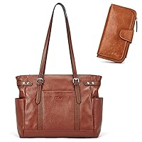 Laptop Totes for Women Genuine Leather Briefcase Large Ladies Shoulder Bag Work Handbags 15.6 Inch Wallet for Women Leather Designer Bifold Long Ladies Credit Card Holder Organizer Ladies Brown