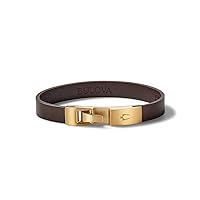 Men's Classic Brown Leather Single-Wrap Bracelet with Brushed Gold-Tone Stainless Steel Hook Clasp , Size: Medium, Style: J97B004M
