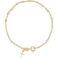 Savlano 925 Sterling Silver Italian Rosary Solid Bead Chain Cross Pendant - 18K Gold Plated 7 Inches Bracelet Comes With Gift Box for Women - Made in Italy
