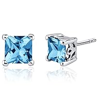 Peora Swiss Blue Topaz Stud Earrings 925 Sterling Silver, Solitaire Scroll Gallery, Natural Gemstone Birthstone, 2.50 Carats Total Princess Cut 6mm, Friction Backs