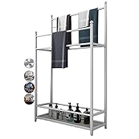 Towel Rack Freestanding Metal Towel Holder Stand with Bars and Bottom Storage Shelf Organizer for Bathroom Kitchen Washroom/White/65 X 20 X 110