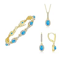 Matching Jewelry Set Designer Halo Birthstone: 6X4MM Gemstone & Diamonds, Yellow Gold Plated Silver. Tennis Bracelet, Earrings & Necklace. Adjustable 7