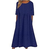 Embroidery Eyelet Babydoll Shirt Dress Women Summer Short Sleeve Crewneck A-Line Dress Casual Loose Beach Midi Dress