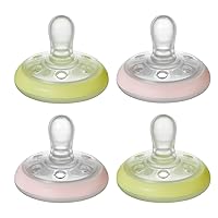 Tommee Tippee Breast-Like Night Pacifier, 6-18 Months with Breast-Like Shape and Glow in The Dark Technology, 4-Count, Pink/Yellow
