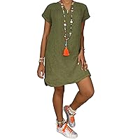 TIAFORD Women's Linen V Neck Short Sleeve Midi Dress Casual Solid Color Dress with Side Slit