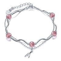 Women girls bracelet 925 sterling silver Pink Strawberry Crystal Bracelet and Mermaid tail Adjustable double chain
