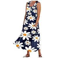 Womens Cotton Linen Elastic High Waist Shirt Dress Casual Loose Plus Size Flowy Maxi Dresses with Pockets Ruffle Short Sleeve Dresses for Teens Floral Dress(5-Royal Blue,XX-Large)