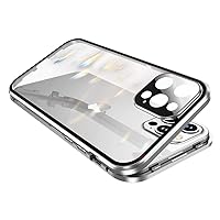 Safety Lock & Strong Magnetic adsorption for iPhone 14 Pro Max case Camera Lens Protector Metal Bumper 360° Full Body Protection Double-Sided Tempered Glass (iPhone14ProMax, Silver)