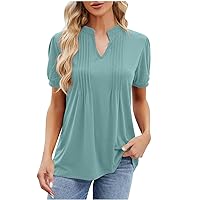 Women Short Sleeve Summer Tops 2024 Fashion V Neck Blouses Puff Sleeve Pleated T Shirts Dressy Casual Work Tee