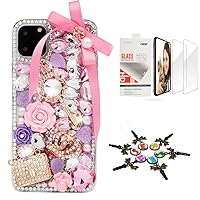 STENES Sparkle Case Compatible with iPhone 14 Pro - Stylish - 3D Handmade Bling Bowknot Girls Key Bag Crown Crystal Rhinestone Glitter Design Cover Case with Screen Protector [2 Pack] - Pink