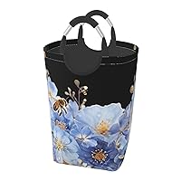 Laundry Basket Freestanding Laundry Hamper Blue flowers and bees Collapsible Clothes Baskets Waterproof Tall Dirty Clothes Hamper for Dorm Bathroom Laundry Room Storage Washing Bin