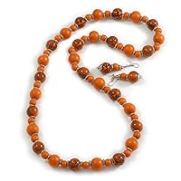 Long Wood Bead Necklace and Earring Set with Animal Print in Orange/ 80cm L