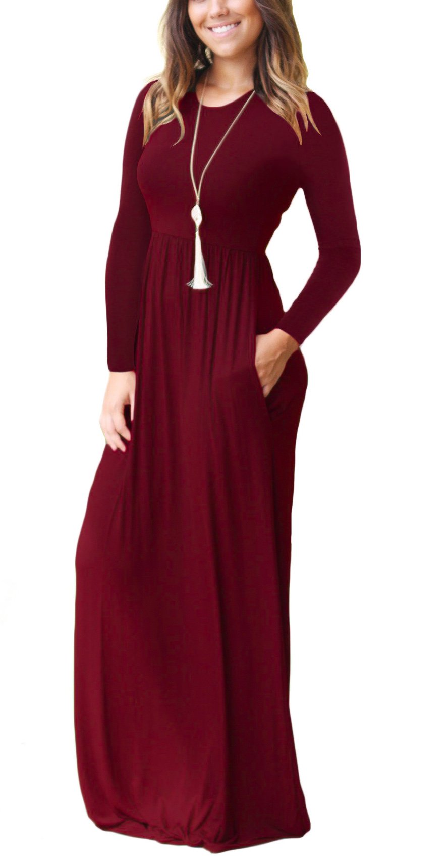 DEARCASE Women's Long Sleeve Maxi Dress Crewneck Loose Plain Casual Empire Waist Long Dresses with Pockets