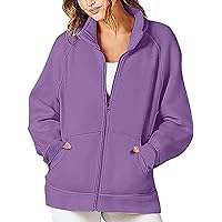 Women's Full Zip Up Jackets No Hood Long Sleeve Loose Fit Sweatshirts Solid Fashion Casual Cardigan Tops with Pockets