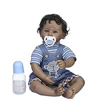 Angelbaby African American Reborn Silicone Baby Dolls Boy, 22 inch Realistic Look Handmade Newborn Dolls with Blue Outfits for Children Birthday Gifts