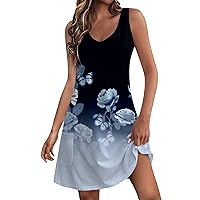 UOFOCO Cheap Clearance Women's Tank Dress for Summer Vacation Beach Sundress with Pockets Low V Neck Mid Thigh Length Athletic Dresses Dark Blue Large