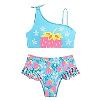 Little Girls' Bow Tie 2-Piece Ruffle Bottom Swimwear One-Shoulder Bathing Suit Cute Pattern Sleeveless Beach Wear