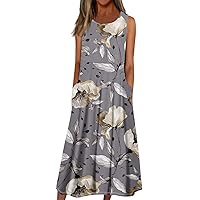 Women’S Sundress Maxi Dresses for Women 2024 Summer Casual Print Bohemian Beach Dress Sleeveless Crewneck Dress with Pockets Khaki 3X-Large