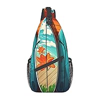 Surfboard on Wooden Sling Bag Lightweight Crossbody Bag Shoulder Bag Chest Bag Travel Backpack for Women Men