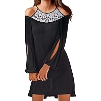 2021 Women Fashion Dress O-Neck Hollow Out Print Long Sleeve Loose Dress(A)