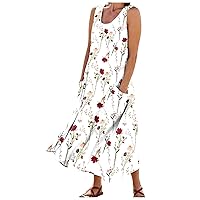 Sun Dresses, Casual Loose Long Dress Sleeveless Maxi Tank Summer Beach Dress with Pockets Womens Dress Outfits for Women 2024 Trendy Sleeve Maxi Dress Attire Casual Dresses (5XL, White)