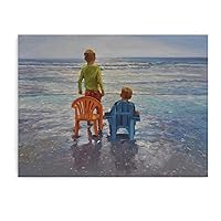 Two Little Boys Walking on The Beach Painting Ocean Wall Art Coastal Kids Wall Art Wall Art Paintings Canvas Wall Decor Home Decor Living Room Decor Aesthetic 16x20inch(40x51cm) Unframe-Style