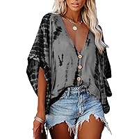 Viracy Women's Casual Blouses Batwing Sleeve V Neck Tops Loose Flowy Button Down Shirts