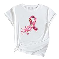 Breast Cancer T-Shirt Women Cancer Support T-Shirts Pink Ribbon Floral Shirts Cancer Survivor Causal Short Sleeve Tops