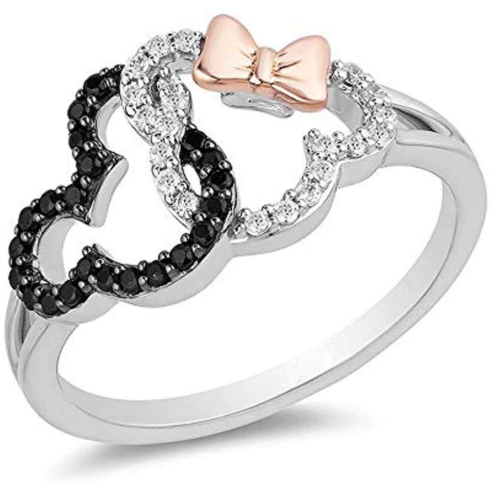 Round Cut Cubic Zirconia 14k White Gold Plated 925 Sterling Silver Interlocking Mickey & Minnie Mouse Ring For Her