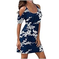 Modern Mini Cold Shoulder Sleeve Evening Dresses Ladies Summer Loungewear Print Thin Comfort Tunic Dress Round Neck Ruffle Lightweight Evening Dress Ladie's Royal Blue