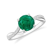 Natural Emerald Twist Shank Solitaire Ring with Diamonds for Women in Sterling Silver / 14K Solid Gold/Platinum