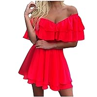 Women Elastic Off Shoulder Double Layer Ruffle Mini Dress Sexy V-Neck Waist-Defined Summer Trendy Solid A-Line Dress