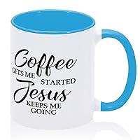 Funny Coffee Mug Coffee Gets Me Started Jesus Keeps Me Going Coffee Cups Rustic Ceramic Mugs Gifts for Sister Adults Loves Daddy 11oz Blue