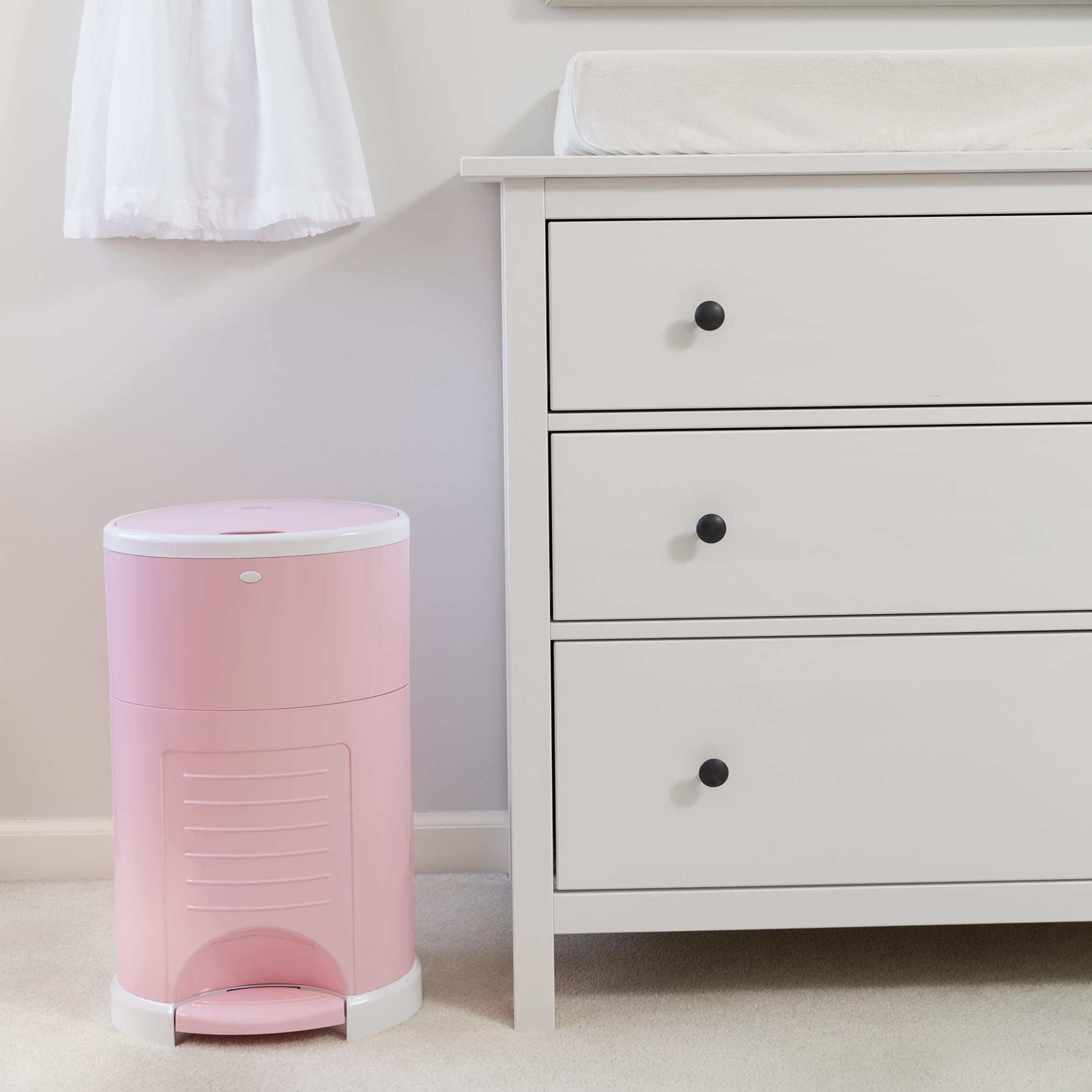 Dekor Plus Hands-Free Diaper Pail | Soft Pink | Easiest to Use | Just Step – Drop – Done | Doesn’t Absorb Odors | 20 Second Bag Change | Most Economical Refill System |Great for Cloth Diapers