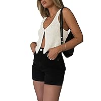 BHMAWSRT Womens Summer Crochet Knit Vest Y2k Fashion Button Front Tank Crop Camisole Going Out Tops Clubwear