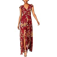 Womens Maroon Slitted Sheer Floral Short Sleeve V Neck Full-Length Evening Fit + Flare Dress Juniors 0
