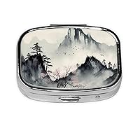 Ink Painting Style Mountain Print Pill Box Square 3 Compartment Pill Case Portable Travel Pill Organizer Mini Medicine Storage Box for Pocket Purse Metal Decorative Pill Holder for Daily Medicine