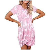 Women's Flowy Swing Round Neck Trendy Ombre Tie Dye Color Block Casual Summer Short Sleeve Knee Length Beach Print Pink