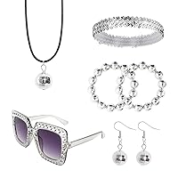 6pcs 1970s Disco Ball Accessories Women Set for Women 70s Disco Ball Necklace Earrings Bracelet Bling Sunglasses